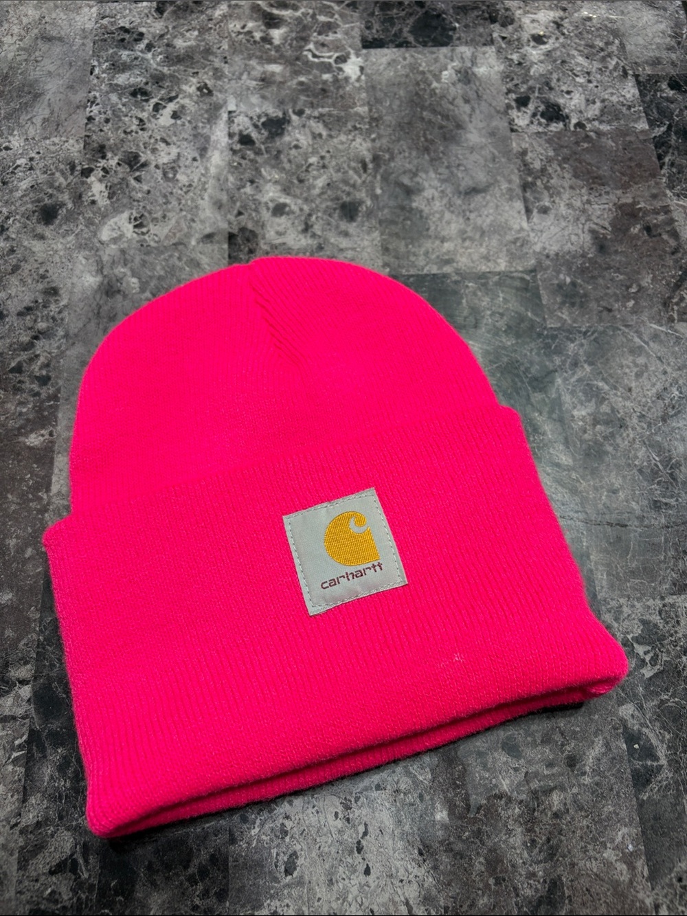 Carhartt Hot Pink Beanie with Yellow Logo Patch